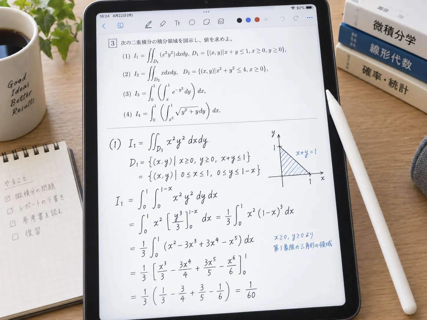 iPad上で数学の演習問題を解いた実際のノート